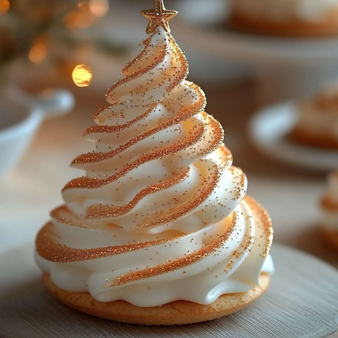 Dessert en forme de sapin de Noël sur base de biscuit sablé, garni de crème vanille pochée en cône et décoré de paillettes et étoiles dorées.