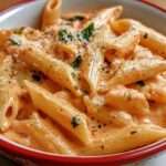 Assiette de penne alla vodka crémeuses avec sauce tomate, parmesan râpé et feuilles de basilic frais, servie dans une assiette blanche sur une table en bois.