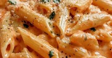 Assiette de penne alla vodka crémeuses avec sauce tomate, parmesan râpé et feuilles de basilic frais, servie dans une assiette blanche sur une table en bois.