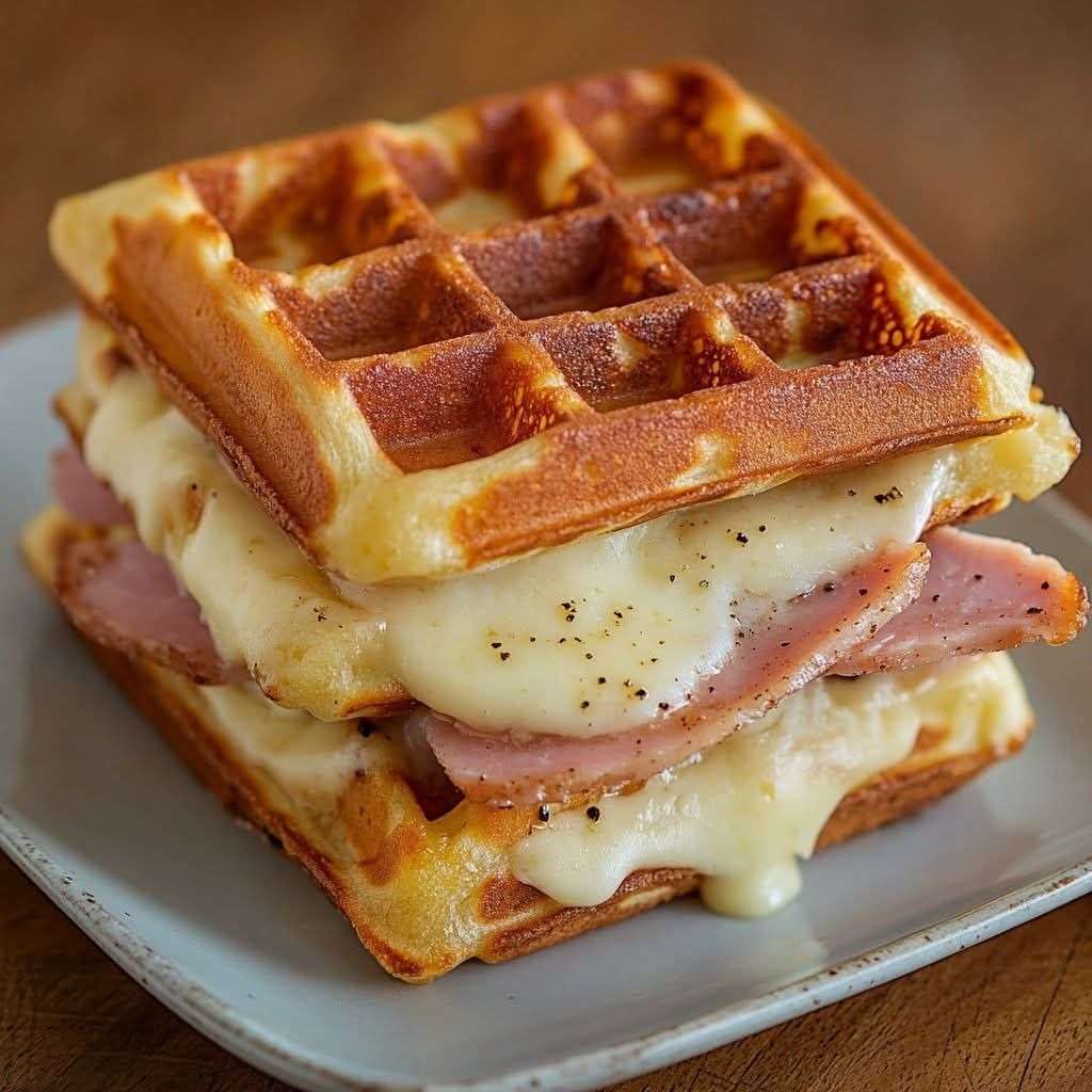Assiette de gaufres salées dorées garnies de jambon et fromage fondant, servies en croque-gaufres croustillants avec salade verte sur le côté.