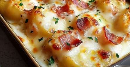 Gratin doré de pommes de terre et lardons fumés avec fromage gratiné et persil frais, servi dans un plat familial sortant du four.