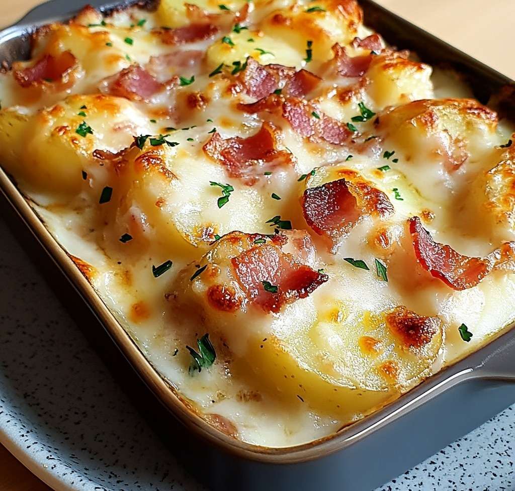 Gratin doré de pommes de terre et lardons fumés avec fromage gratiné et persil frais, servi dans un plat familial sortant du four.