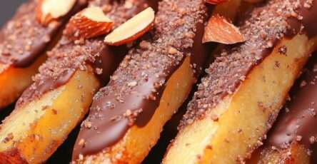 Orangettes au chocolat noir brillantes décorées d’éclats d’amandes grillées, alignées sur une feuille de papier cuisson.