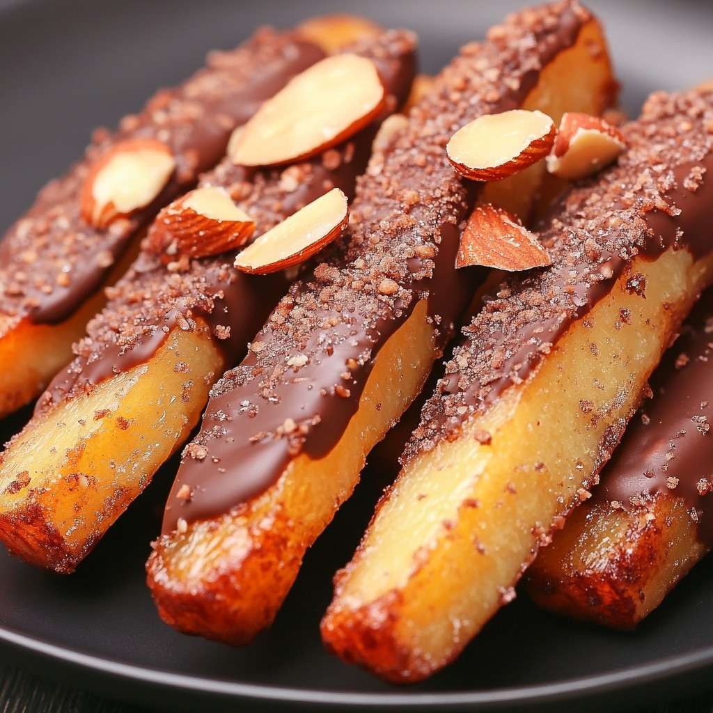 Orangettes au chocolat noir brillantes décorées d’éclats d’amandes grillées, alignées sur une feuille de papier cuisson.