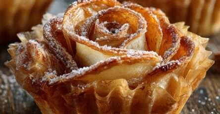Roses feuilletées aux pommes et à la cannelle dorées au four, disposées dans des moules à muffins, saupoudrées de sucre glace sur une assiette de service.