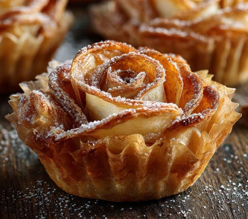 Roses feuilletées aux pommes et à la cannelle dorées au four, disposées dans des moules à muffins, saupoudrées de sucre glace sur une assiette de service.
