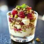 Verrines gourmandes à la crème mascarpone vanillée, framboises fraîches et pistaches concassées, présentées en couches colorées dans des verres transparents.