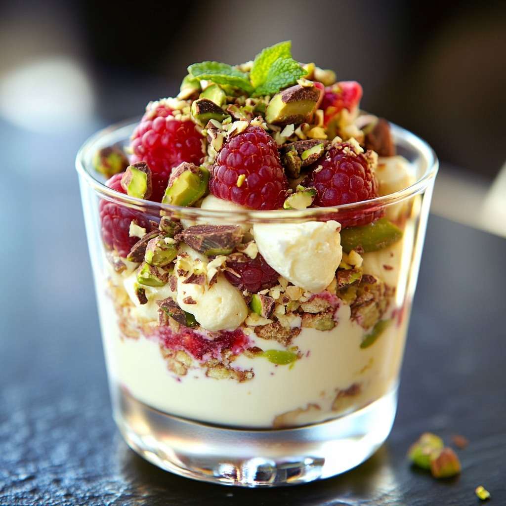 Verrines gourmandes à la crème mascarpone vanillée, framboises fraîches et pistaches concassées, présentées en couches colorées dans des verres transparents.