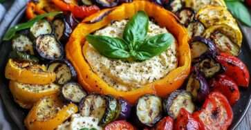 Couronne de légumes grillés colorés disposés autour d’un bol de houmous crémeux au centre d’un plat, décorée de basilic frais et d’un filet d’huile d’olive.
