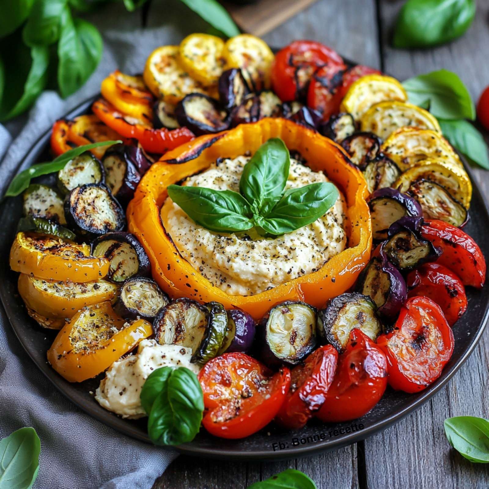 Couronne de légumes grillés colorés disposés autour d’un bol de houmous crémeux au centre d’un plat, décorée de basilic frais et d’un filet d’huile d’olive.