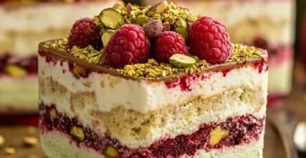 Verrine de tiramisu framboise et pistache avec couches colorées de crème verte à la pistache, coulis de framboise et base biscuitée, décorée de framboises fraîches et pistaches concassées.