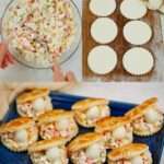 Plateau de mini-bouchées feuilletées garnies de surimi, œufs durs, dés de légumes croquants et œufs de caille, servi en apéritif festif.