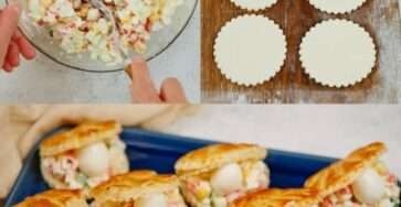 Plateau de mini-bouchées feuilletées garnies de surimi, œufs durs, dés de légumes croquants et œufs de caille, servi en apéritif festif.