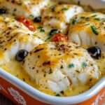 Cassolette de cabillaud gratiné au four, nappé d’une sauce crémeuse à la tomate confite, olives noires et herbes fraîches dans un plat en céramique.