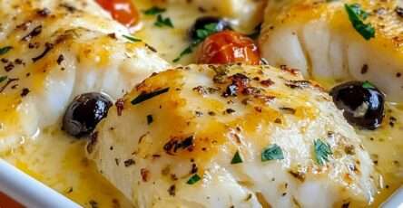 Cassolette de cabillaud gratiné au four, nappé d’une sauce crémeuse à la tomate confite, olives noires et herbes fraîches dans un plat en céramique.