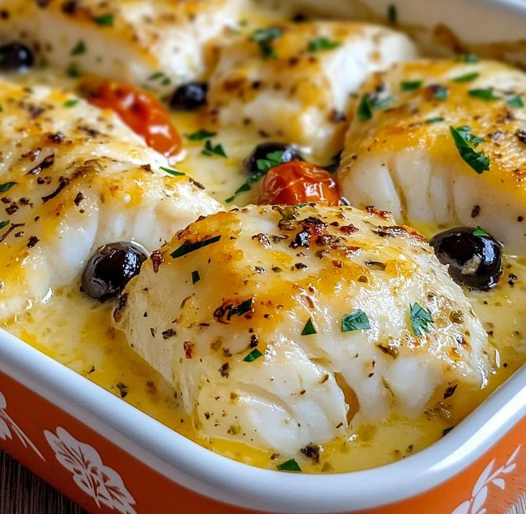Cassolette de cabillaud gratiné au four, nappé d’une sauce crémeuse à la tomate confite, olives noires et herbes fraîches dans un plat en céramique.