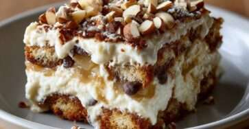 Verrines de tiramisu hivernal garnies de poires caramélisées, chocolat noir et crème mascarpone onctueuse.