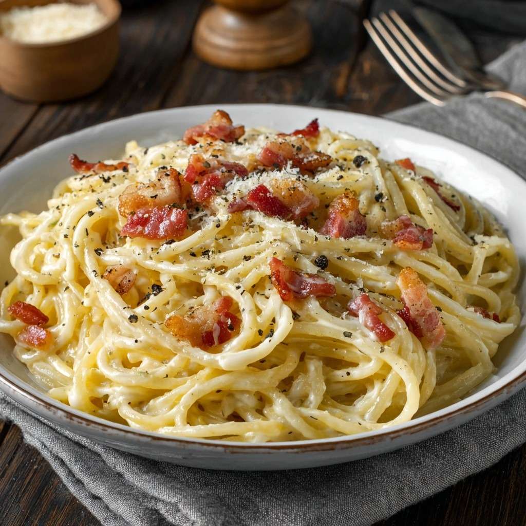 Assiette de spaghetti carbonara français avec lardons croustillants et sauce crémeuse au fromage.