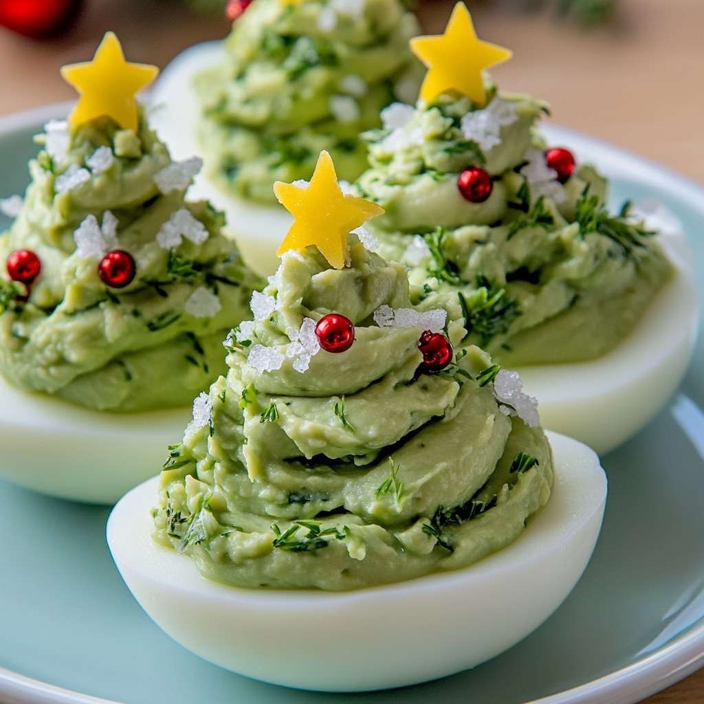 Œufs farcis garnis de guacamole en forme de sapins de Noël, décorés de perles rouges et d’étoiles de fromage.