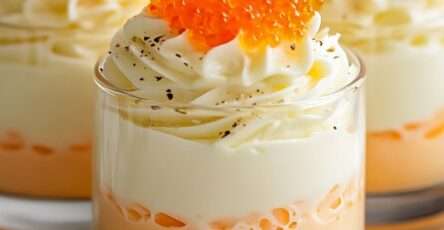 Verrines superposées d’œuf mimosa, crème blanche, chantilly citronnée et œufs de saumon, décorées d’aneth.