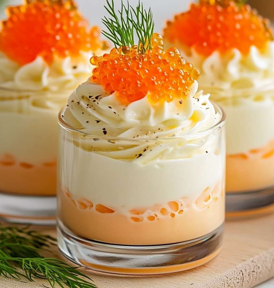 Verrines superposées d’œuf mimosa, crème blanche, chantilly citronnée et œufs de saumon, décorées d’aneth.