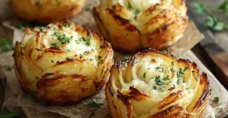 Couronnes de pommes de terre finement tranchées, dorées et garnies de fromage fondant dans un moule à muffins.
