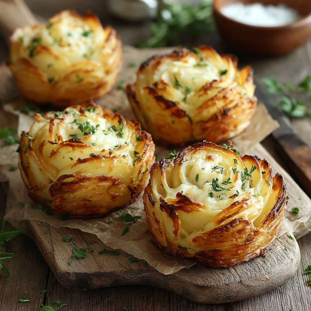 Couronnes de pommes de terre finement tranchées, dorées et garnies de fromage fondant dans un moule à muffins.