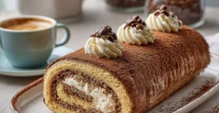 Biscuit roulé tiramisu au café, saupoudré de cacao, garni de crème mascarpone et décoré de grains de café.