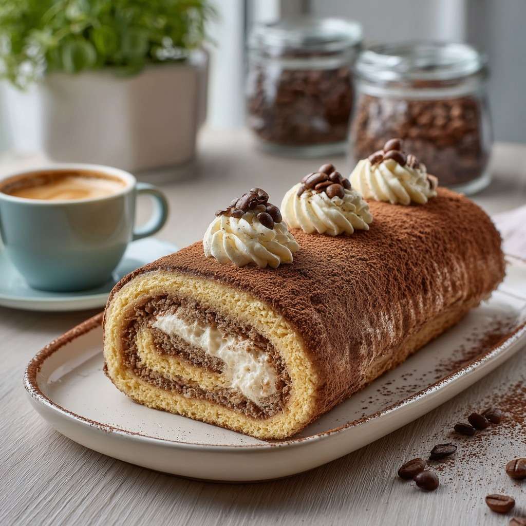 Biscuit roulé tiramisu au café, saupoudré de cacao, garni de crème mascarpone et décoré de grains de café.
