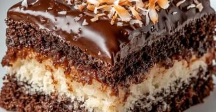 Gâteau marbré chocolat et noix de coco nappé d’un glaçage brillant et décoré de coco grillée.