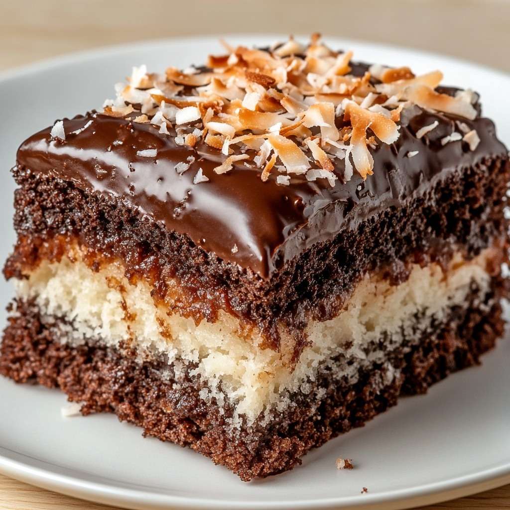 Gâteau marbré chocolat et noix de coco nappé d’un glaçage brillant et décoré de coco grillée.