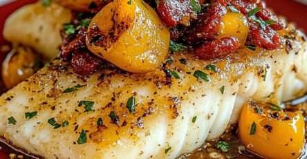 Pavé de cabillaud rôti nappé d’un mélange chorizo et poivrons sur assiette, décoré de persil frais.