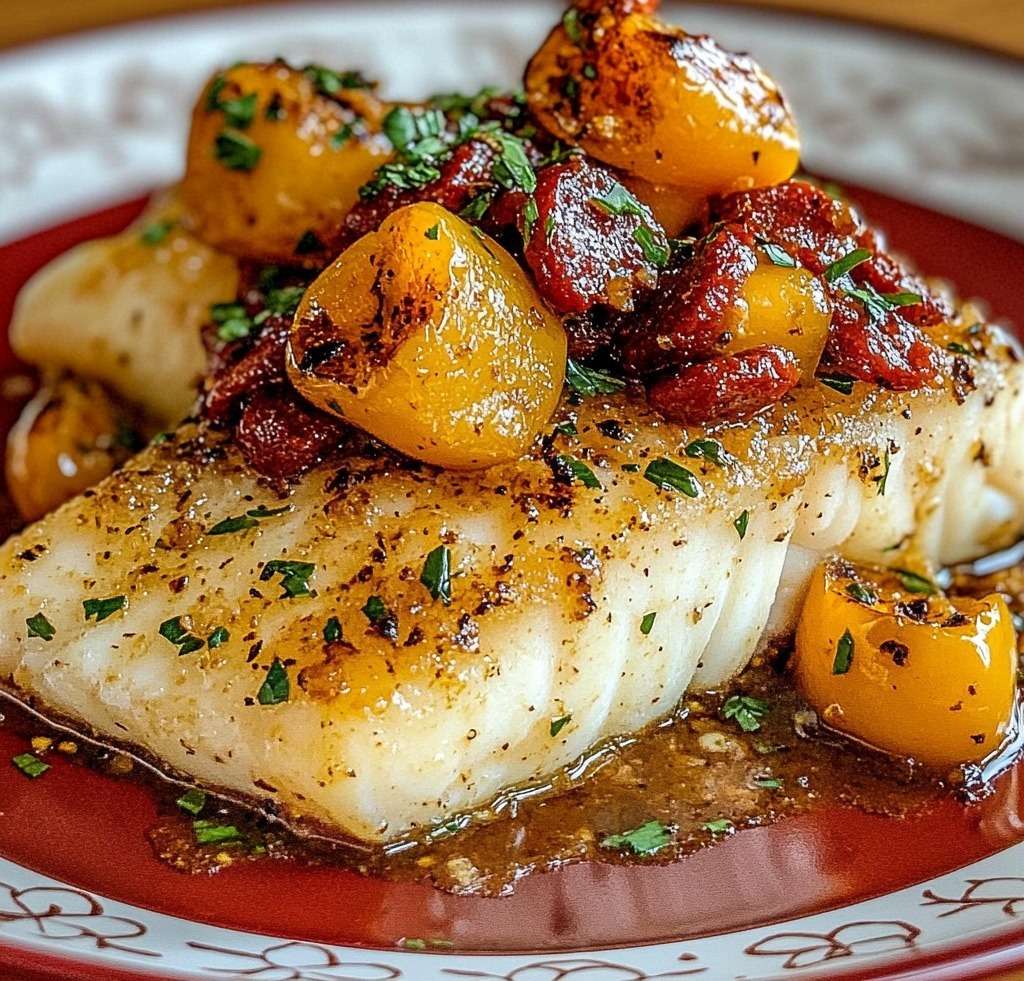 Pavé de cabillaud rôti nappé d’un mélange chorizo et poivrons sur assiette, décoré de persil frais.