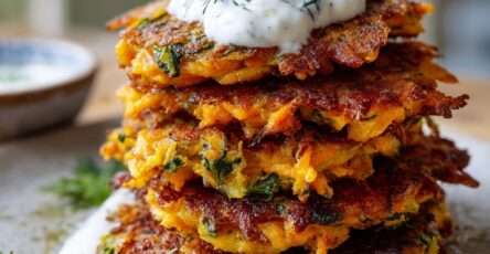 Galettes croustillantes à la carotte et pomme de terre servies avec une sauce au yaourt citronné, présentées sur une assiette avec herbes fraîches.