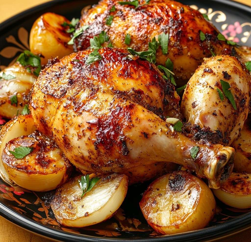 Cuisses de poulet rôti au miel et à la sauce soja, dorées et caramélisées, servies dans un plat avec oignons et herbes fraîches.