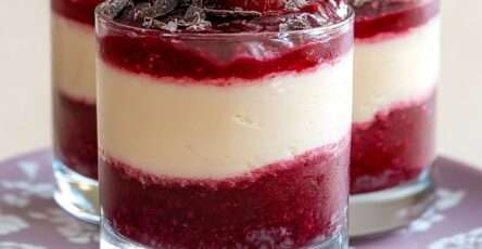 Verrines de mousse au chocolat blanc et coulis de framboise, décorées de framboises fraîches et copeaux de chocolat noir.