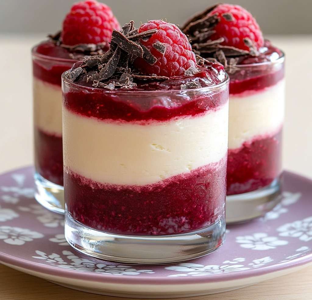 Verrines de mousse au chocolat blanc et coulis de framboise, décorées de framboises fraîches et copeaux de chocolat noir.