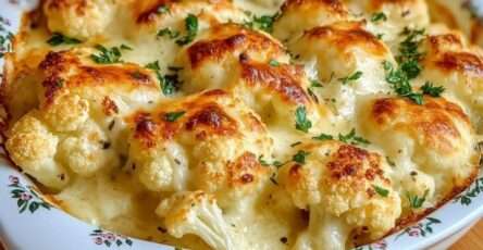 Gratin de chou-fleur doré au parmesan dans un plat allant au four, parsemé de persil frais.