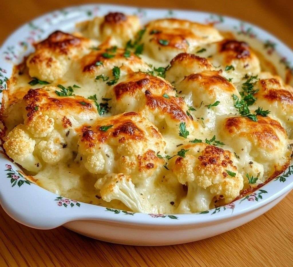 Gratin de chou-fleur doré au parmesan dans un plat allant au four, parsemé de persil frais.