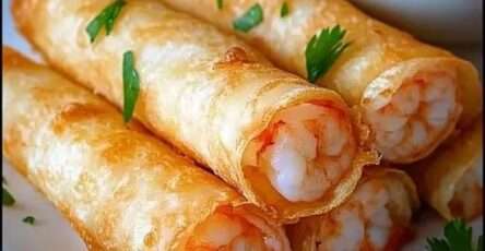 Cigares croustillants aux crevettes dorés, alignés sur une assiette avec herbes fraîches.