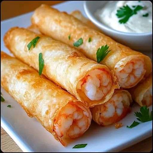 Cigares croustillants aux crevettes dorés, alignés sur une assiette avec herbes fraîches.