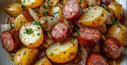 Boulettes de bœuf mijotées servies avec pommes de terre, carottes et petits pois dans une sauce tomate parfumée.