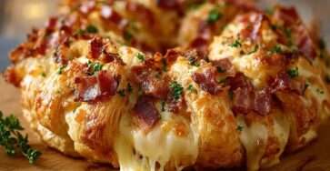 Couronne feuilletée garnie de bacon et fromage à raclette, dorée et torsadée sur une plaque de cuisson.