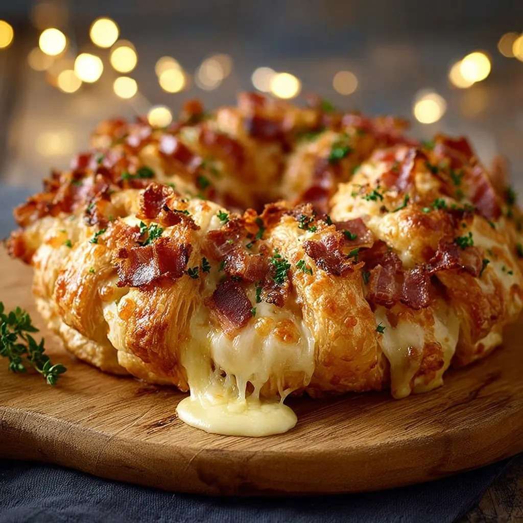 Couronne feuilletée garnie de bacon et fromage à raclette, dorée et torsadée sur une plaque de cuisson.