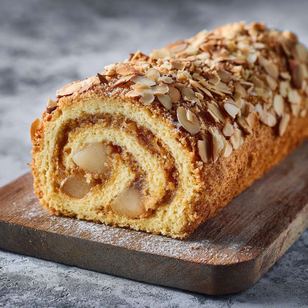 Roulé poire amande garni de crème mascarpone et décoré d’amandes effilées sur le dessus.