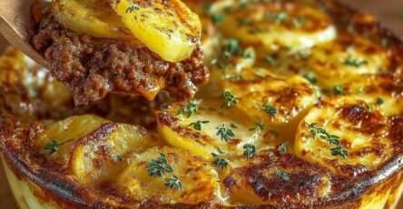 Gratin de pommes de terre au bœuf haché doré au four, avec fromage gratiné et herbes fraîches.