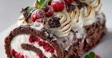 Bûche glacée roulée au cacao garnie de crème glacée et framboises, recouverte de meringue caramélisée et décorée de framboises fraîches et copeaux de chocolat.