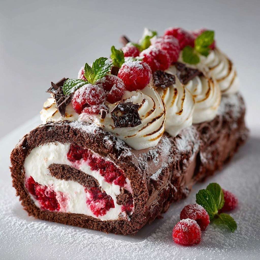 Bûche glacée roulée au cacao garnie de crème glacée et framboises, recouverte de meringue caramélisée et décorée de framboises fraîches et copeaux de chocolat.