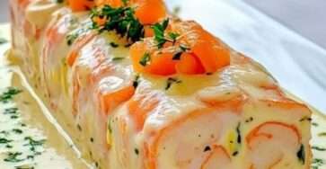 Terrine aux fruits de mer composée de Saint-Jacques, saumon et crevettes, tranchée et servie avec herbes fraîches et citron.