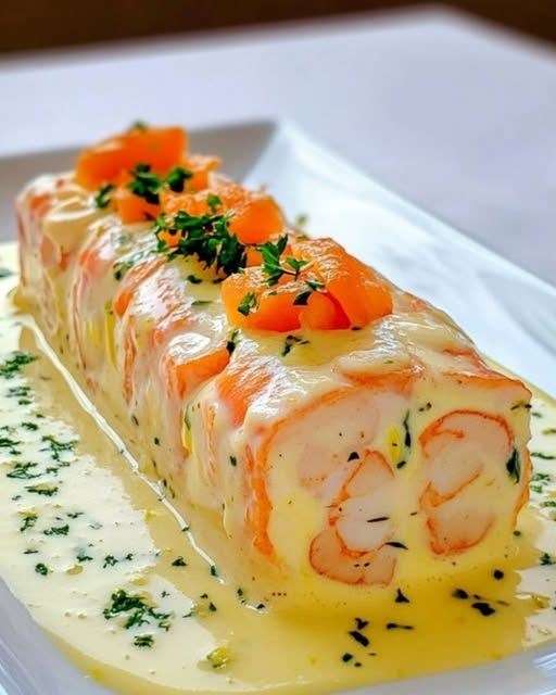 Terrine aux fruits de mer composée de Saint-Jacques, saumon et crevettes, tranchée et servie avec herbes fraîches et citron.